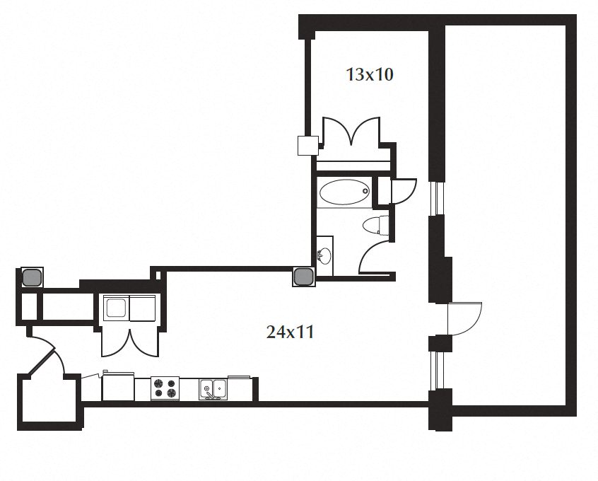 Floor plan for 1 bed, 1 bath, 697 sqft